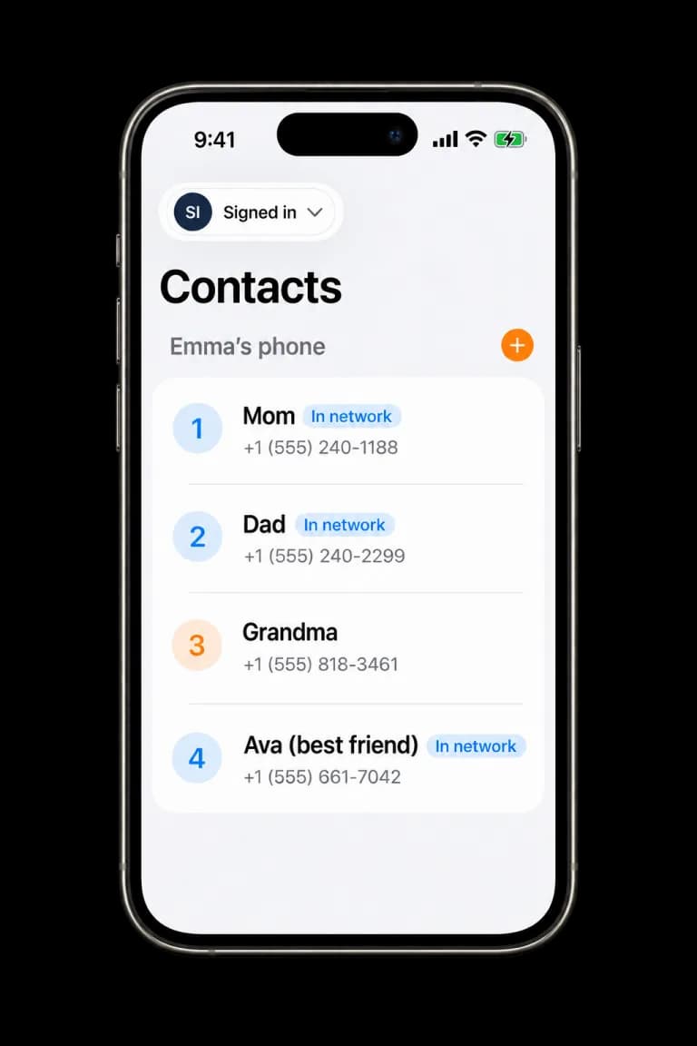 App photo concept showing Ring Ring’s approved contacts interface on a smartphone