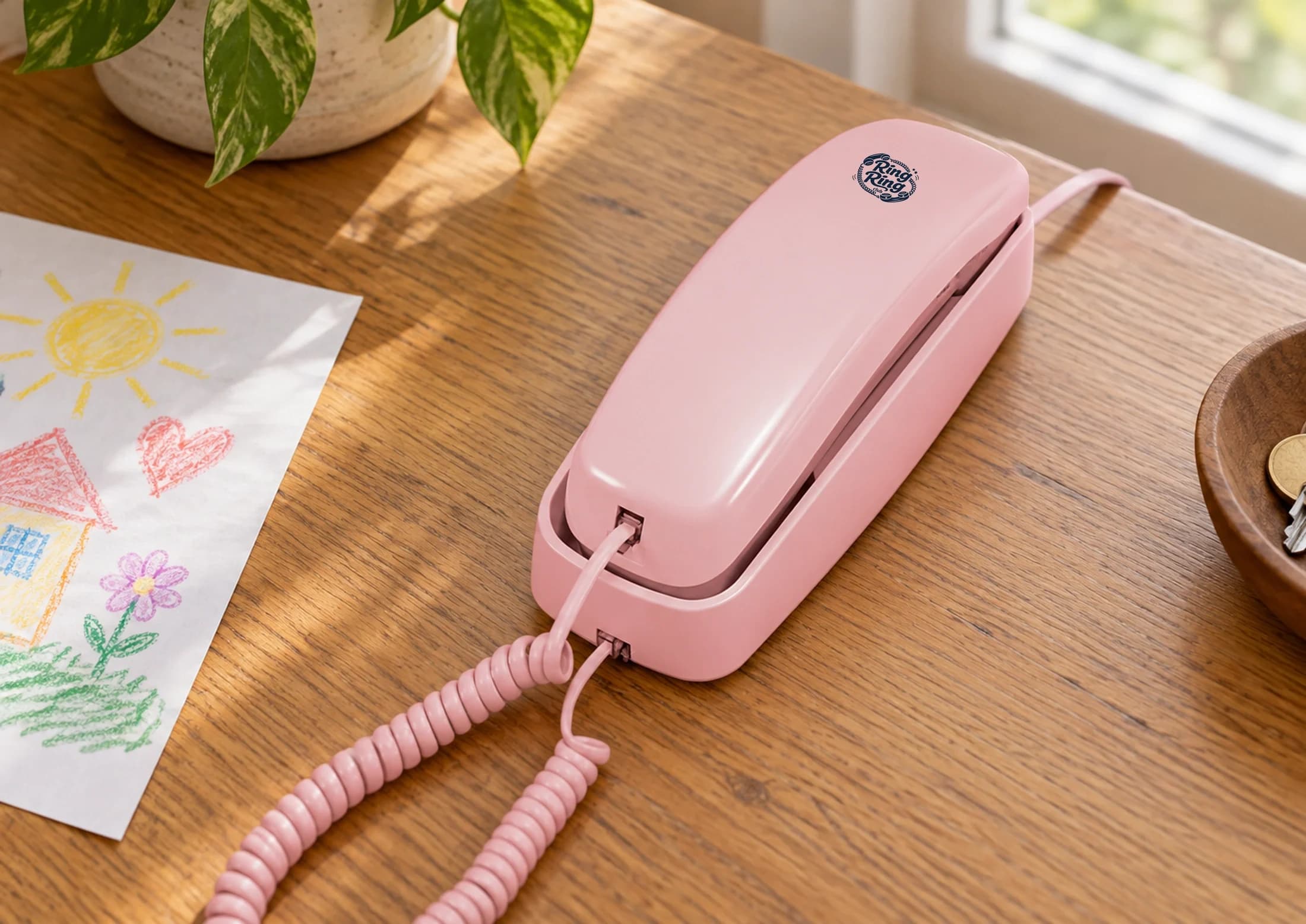 Pink corded Ring Ring Nostalgic phone on a wooden table