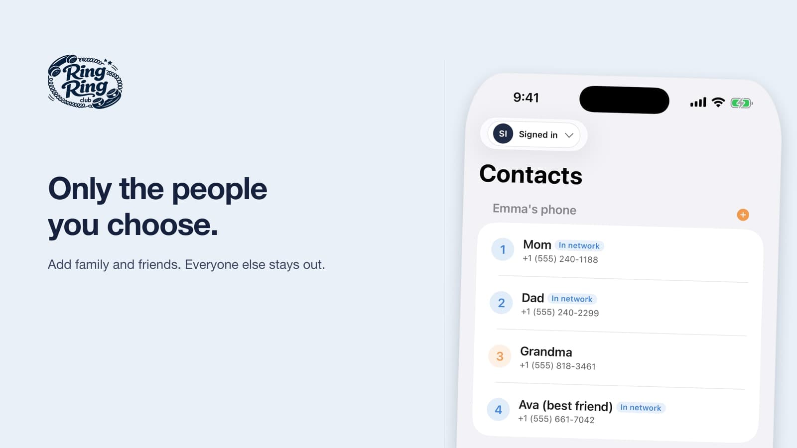 L’écran Contacts : le cercle de confiance de chaque téléphone : maman, papa, grand-maman et une meilleure amie