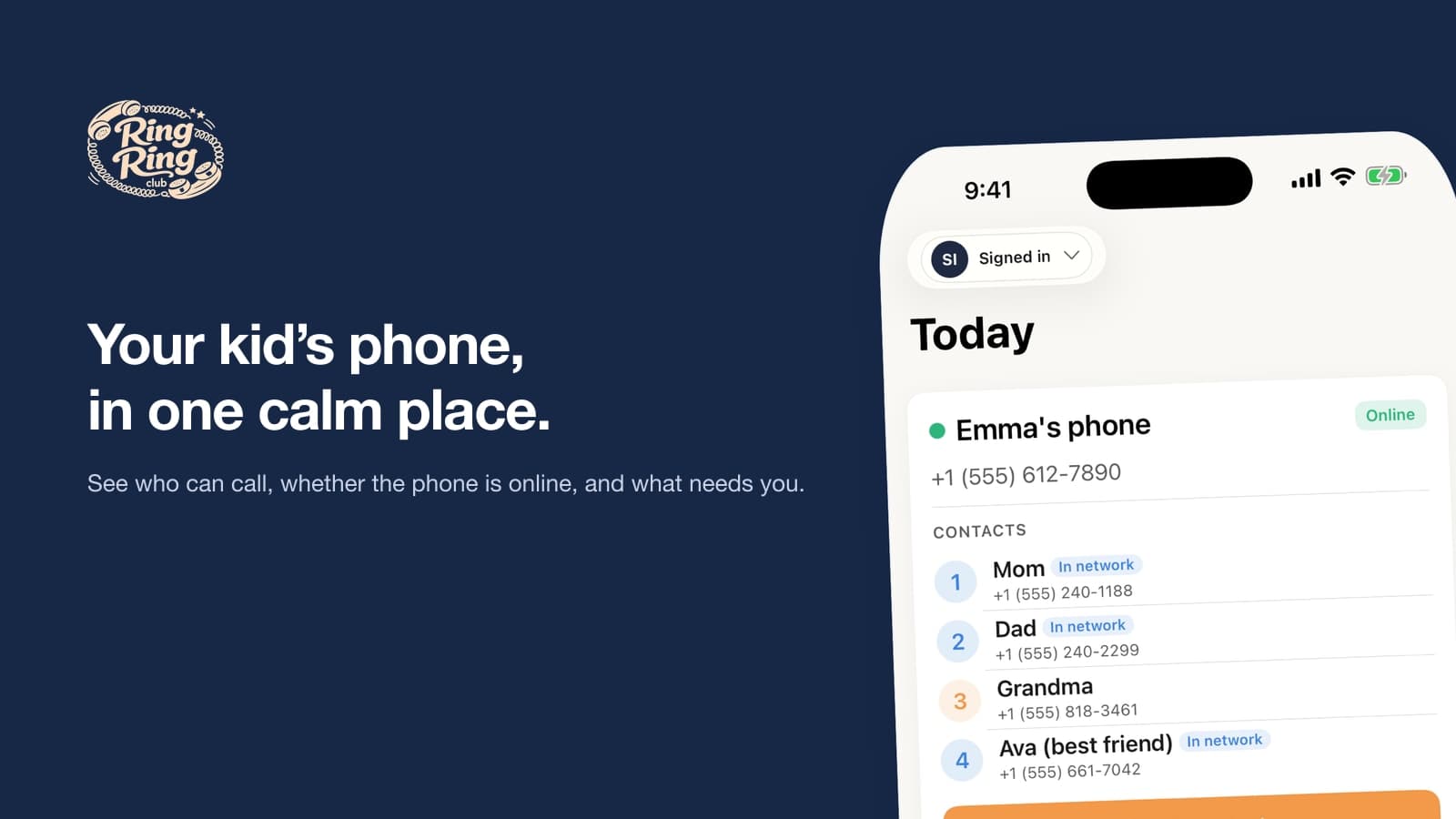 L’écran Aujourd’hui de l’appli parents Ring Ring : le téléphone d’Emma en ligne, ses quatre contacts et le bouton Pause