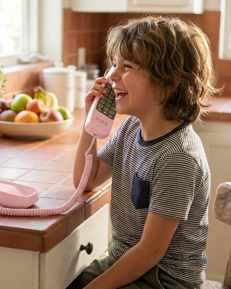 A child laughing on a pink corded phone at the kitchen counter